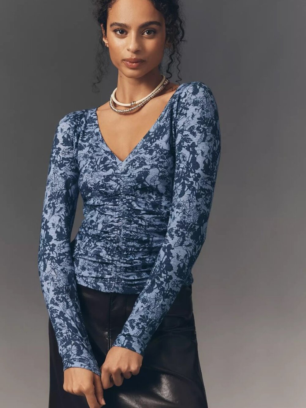 NEW Anthropologie Pilcro Long-Sleeve Cinched V-Neck Top XS NWT Blue Floral
